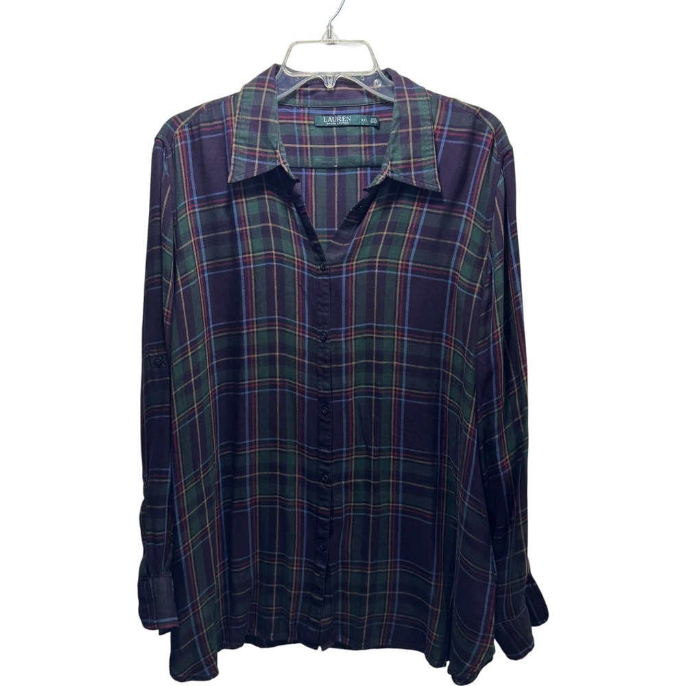 Ralph Lauren Plaid Preppy Dark Academia Long Sleeve Button Top Womens 2X Green